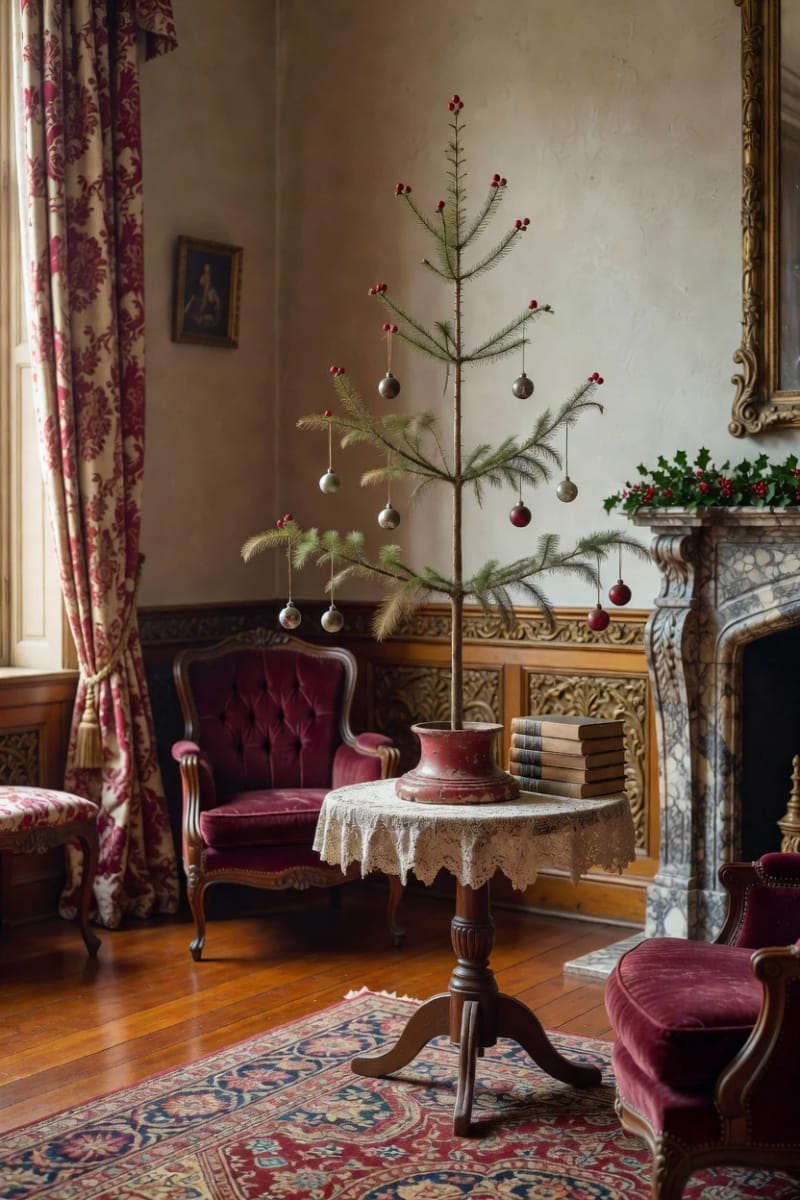 Vintage and Victorian Christmas Decorating: 11 Ideas for a Faded, Heirloom Holiday 6 anchor the room with a feather tree, not a full fir 1