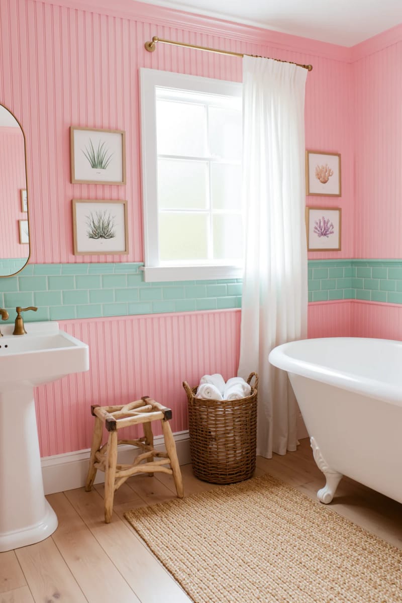 20 Pink Coastal Bathroom Ideas With a Breezy Finish 15 aqua and pink bathroom with beadboard, botanical prints, and woven baskets. 1