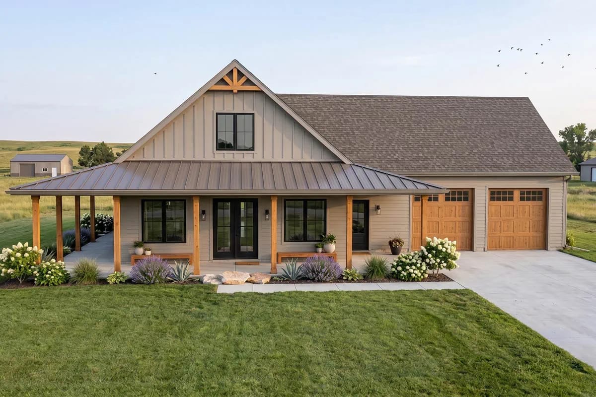 Modern farmhouse exterior with front porch, board and batten siding, and two-car garage