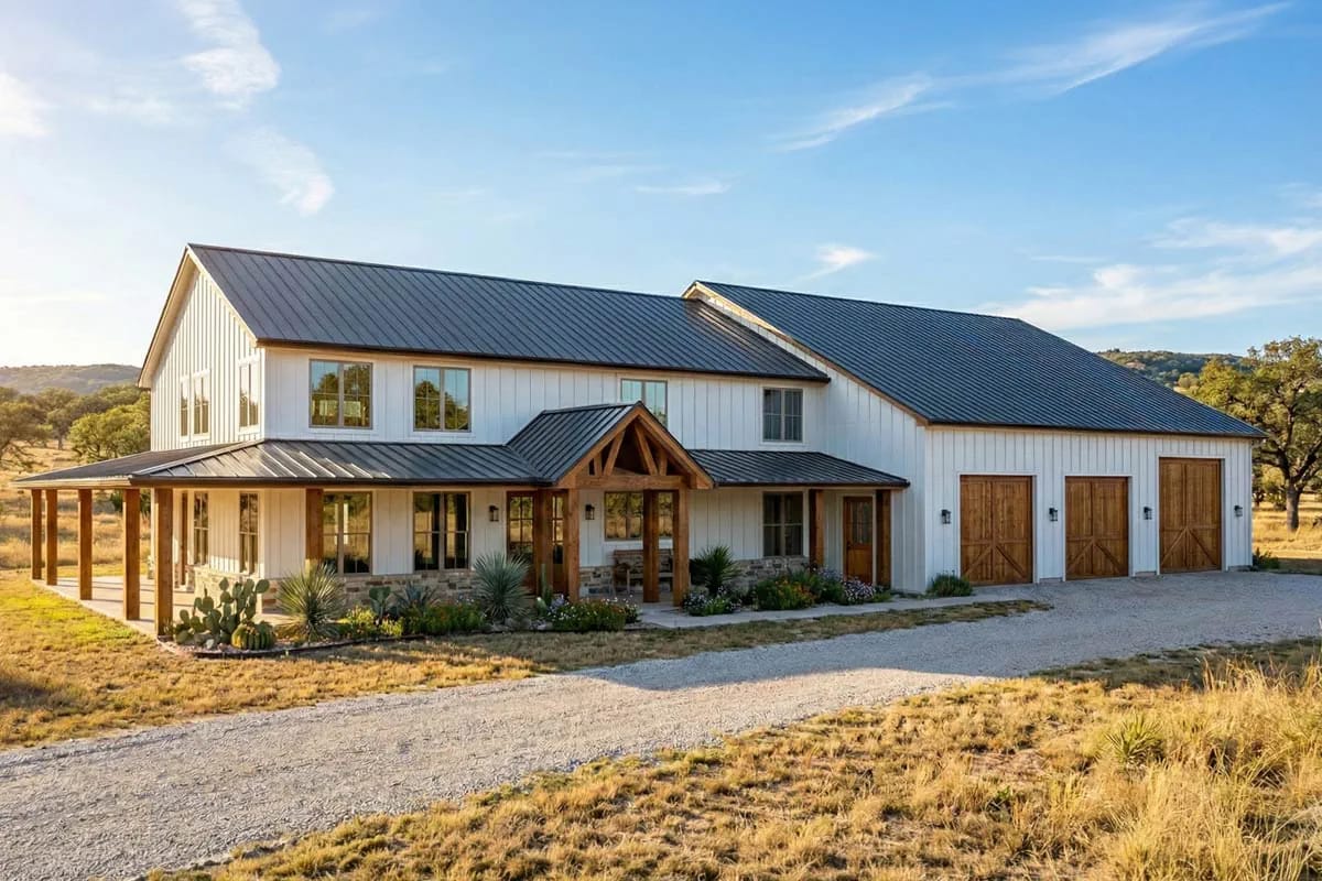 Modern farmhouse exterior with wraparound porch, three-car garage, and board-and-batten siding