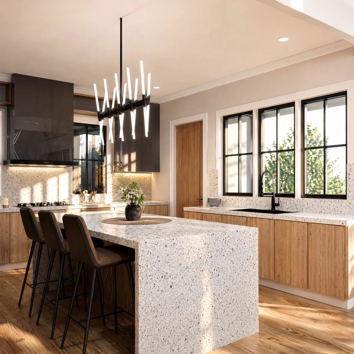 black uppers over wood lowers, and a terrazzo waterfall island in a 16-foot kitchen 1