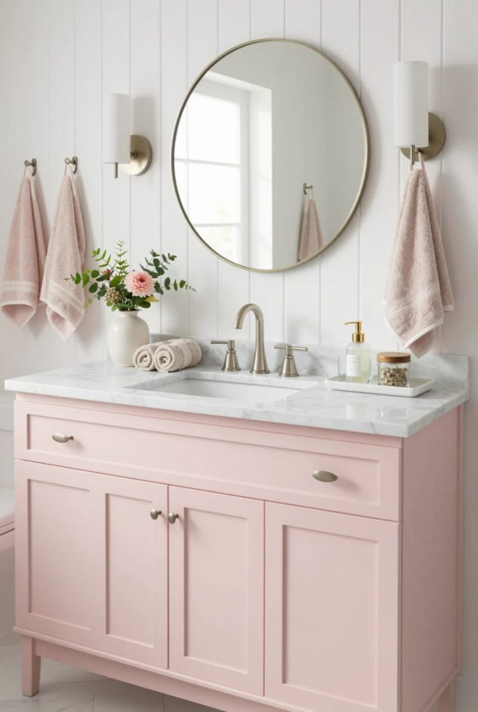 Apartment 3 blush pink cabinetry with marble countertop and metallic accents. 17