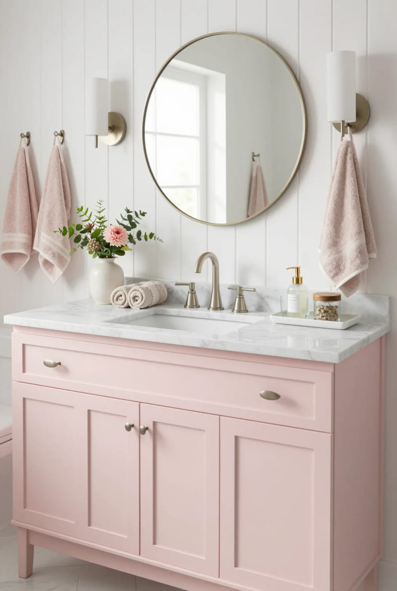 20 Pink Coastal Bathroom Ideas With a Breezy Finish 18 blush pink cabinetry with marble countertop and metallic accents. 1