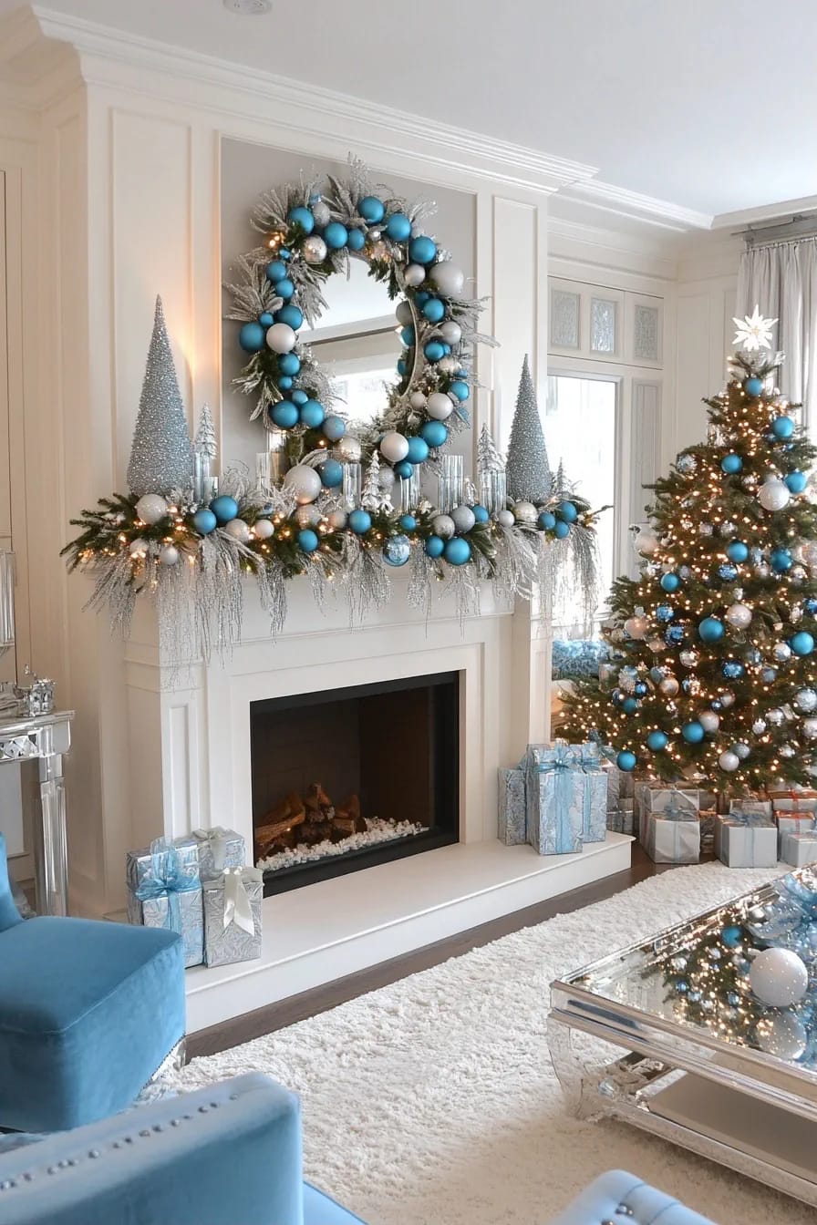 Blue and Silver Christmas Decor Ideas for the Living Room That Don't Read as Cold 11 Elegant living room decorated with blue and silver Christmas decor, featuring a garland and wreath with blue and silver ornaments on the mantel, silver cone trees, a Christmas tree with matching ornaments, wrapped gifts, and soft blue seating, illustrating festive design ideas that feel inviting.