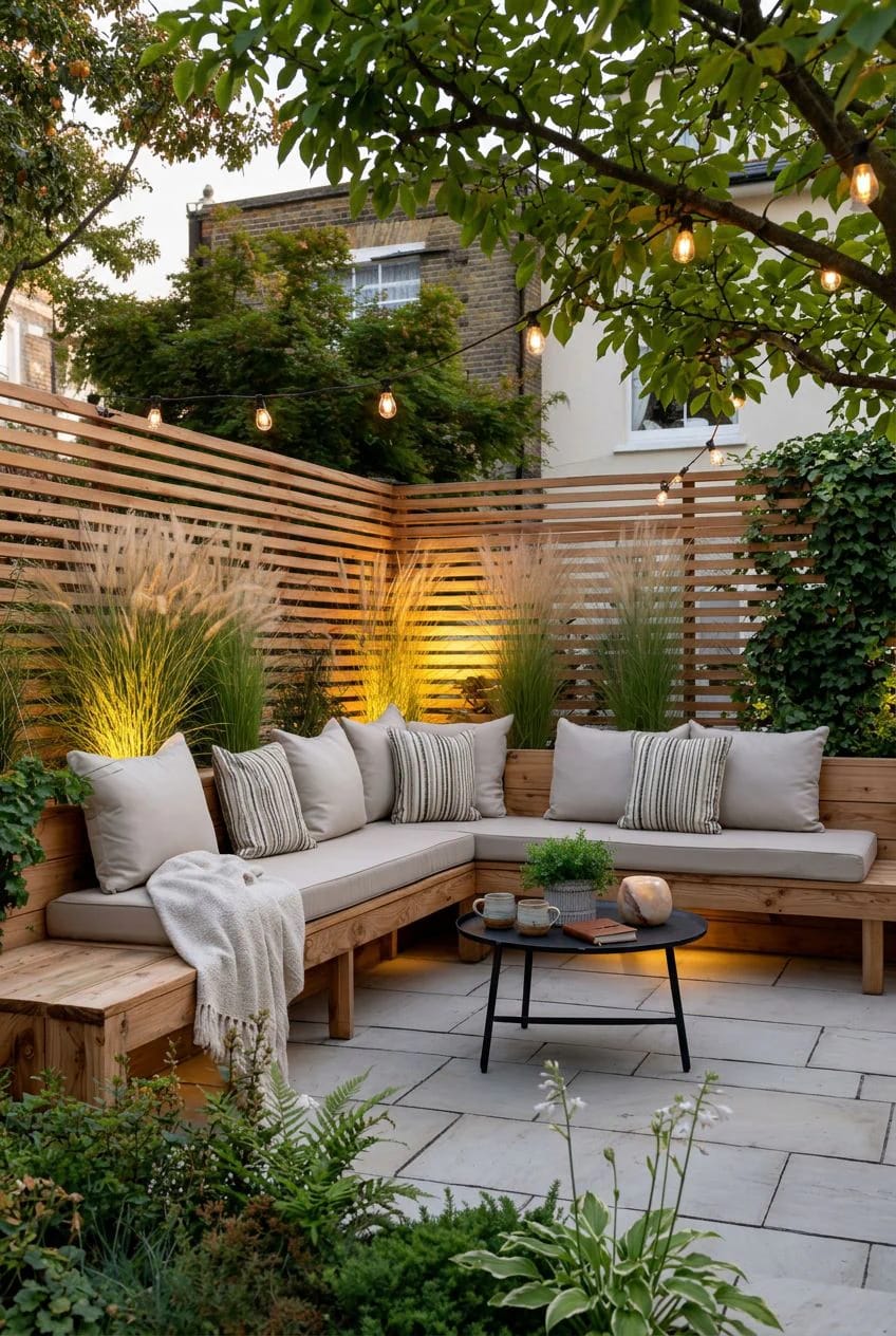11 Small Backyard Ideas That Work in Under 400 Square Feet 7 build the seating into the fence line 1