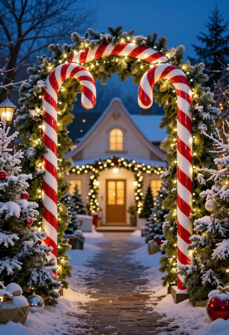 11 Whimsical Candy Cane Christmas Decorations Worth Doing Well 11 candy cane archway over the entry 1