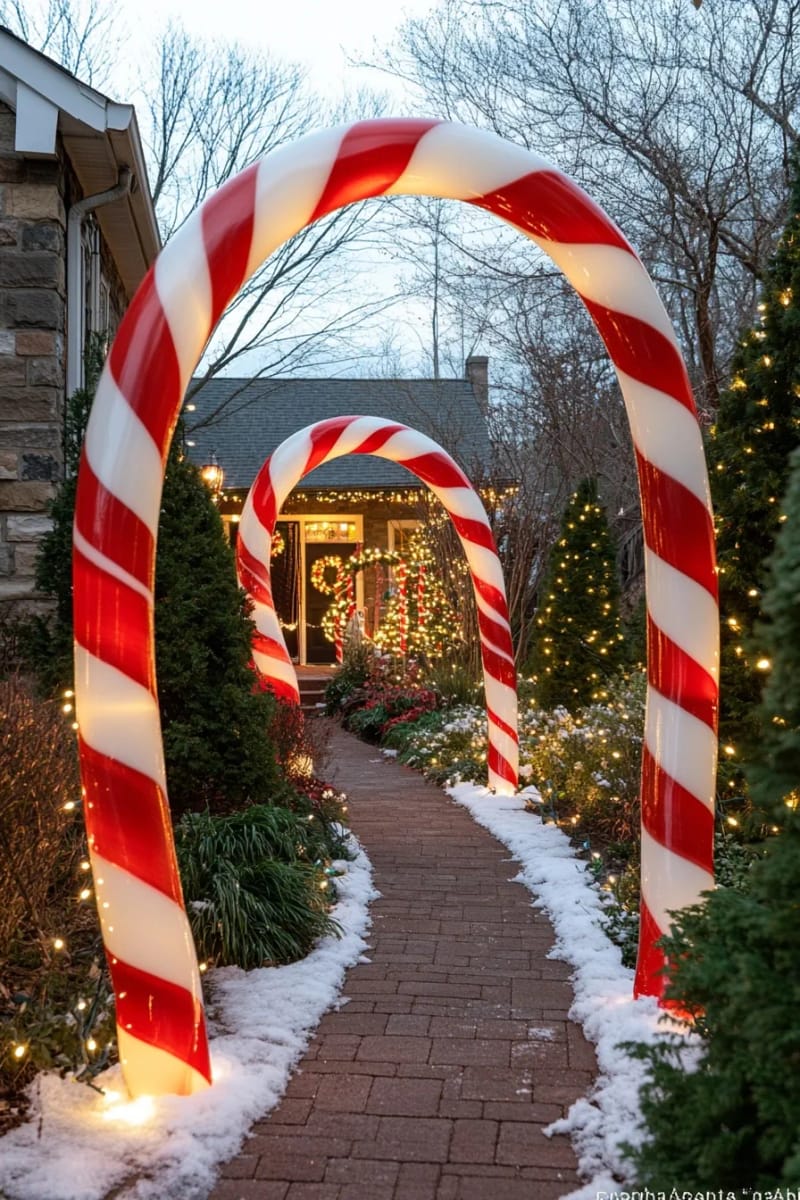 11 Whimsical Candy Cane Christmas Decorations Worth Doing Well 10 candy cane archway over the entry 1