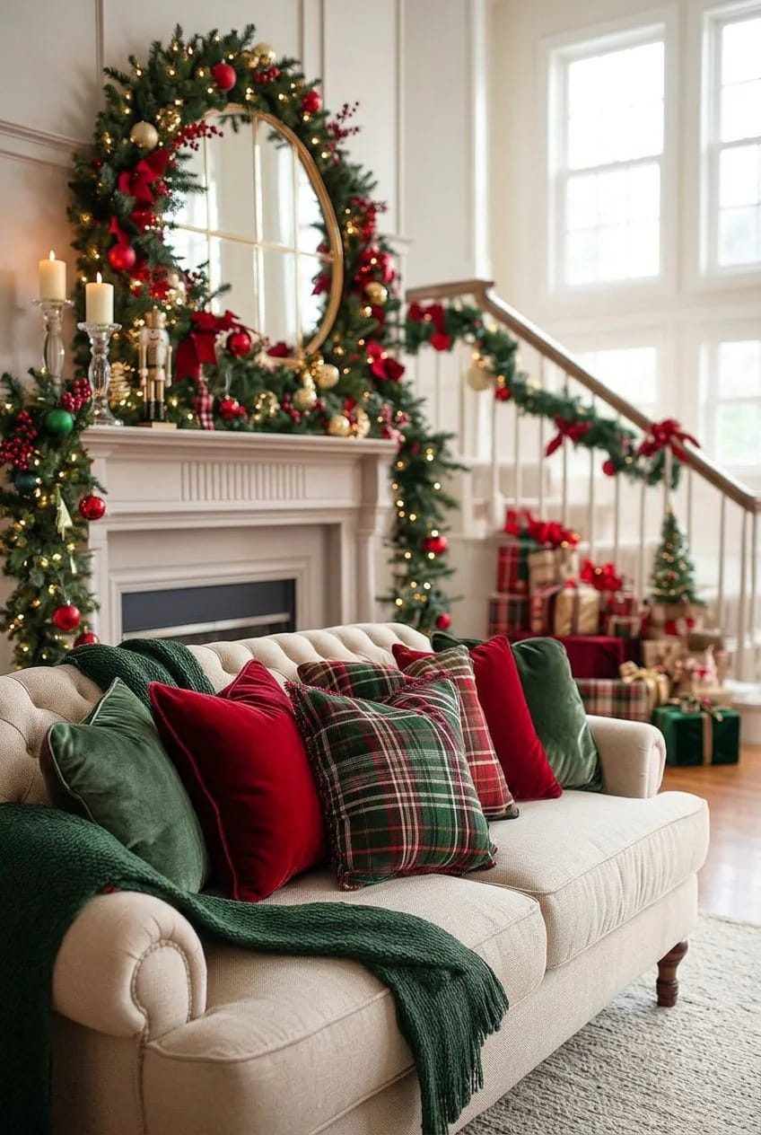 Classic Red and Green Christmas Decor Ideas for the Whole House 11 carry red and green into the living room with textiles, not more ornaments 1