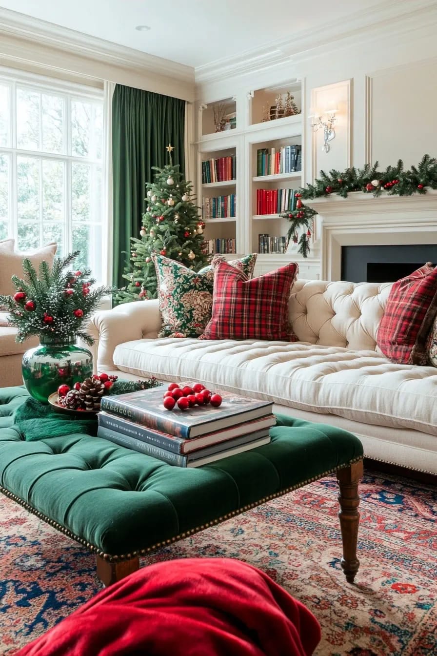 Classic Red and Green Christmas Decor Ideas for the Whole House 10 carry red and green into the living room with textiles, not more ornaments 1