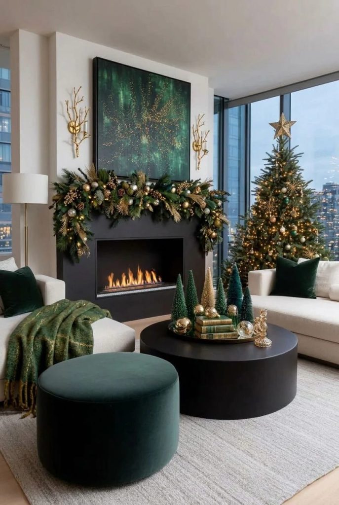 Christmas 10 A modern living room showcasing Christmas mantel decor ideas in a unified green and gold color palette, featuring a garland with ornaments on the fireplace mantel, a contemporary Christmas tree with matching decorations, green velvet furnishings, and textured holiday accents.