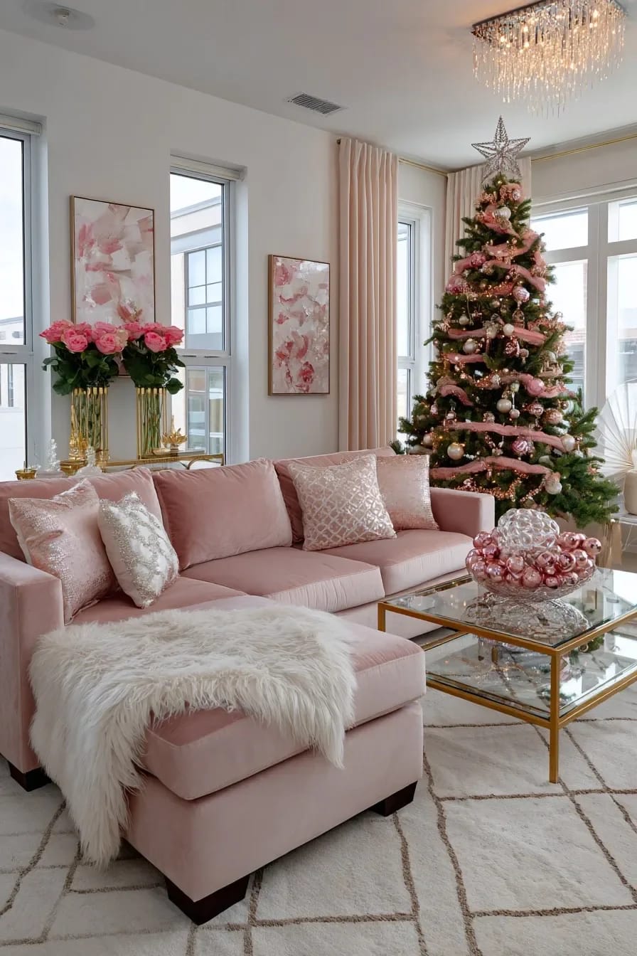 Pink Christmas Decor Ideas for a Glam Living Room 6 A glamorous living room decorated for Christmas with a pink velvet sectional sofa, coordinating pink and gold throw pillows, a white faux fur throw, a glass coffee table with pink ornaments, a Christmas tree adorned with pink ribbons and baubles, and pink floral artwork, perfectly illustrating pink Christmas decor ideas.