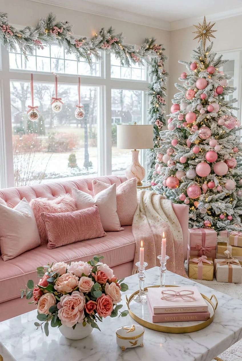 Pink Christmas Decor Ideas for a Glam Living Room 7 Glam living room decorated for Christmas with a pink theme, featuring a pink velvet sofa, Christmas tree with pink ornaments, pink-wrapped gifts, floral arrangement, candles, and pink-accented garland, illustrating pink Christmas decor ideas.
