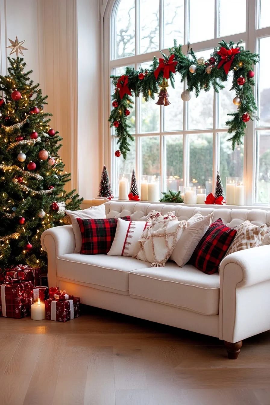 Christmas Decor Ideas Without a Fireplace: Where to Put the Focal Point Instead 17 christmas garland on the window frame reads better than a wreath on the glass 1