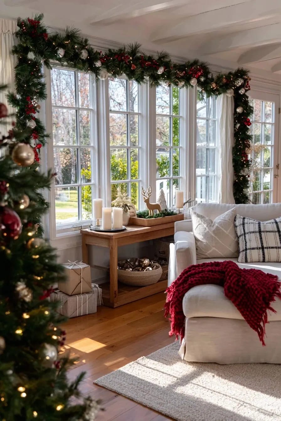 Christmas Decor Ideas Without a Fireplace: Where to Put the Focal Point Instead 18 christmas garland on the window frame reads better than a wreath on the glass 1