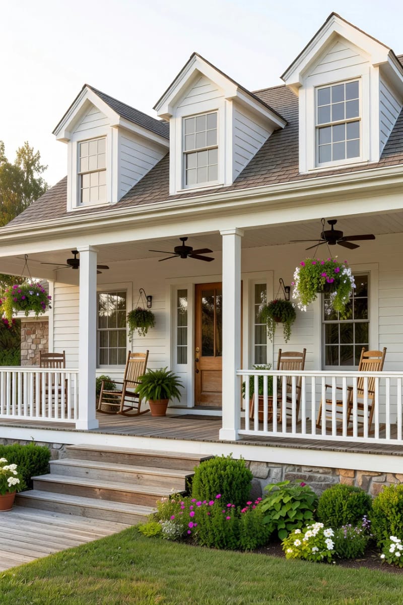 classic farmhouse with wraparound porch, dormer windows, and ceiling fans. 1