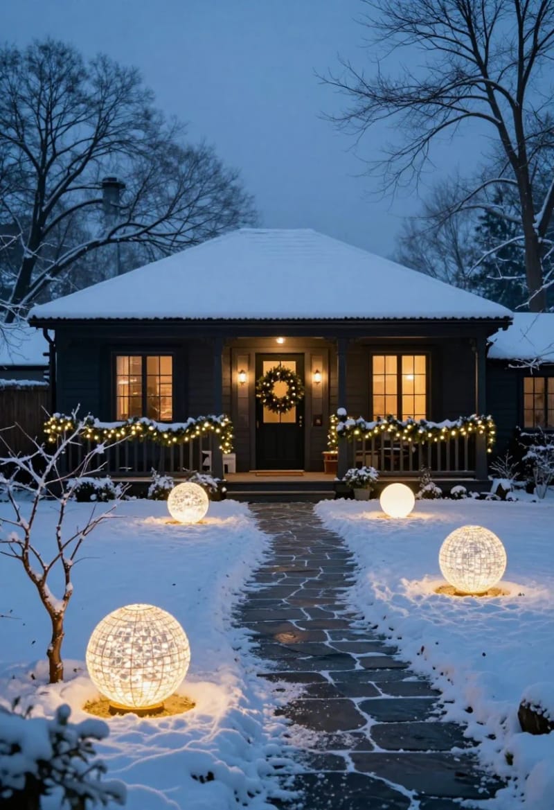cluster lit spheres in the planters and on the lawn 1