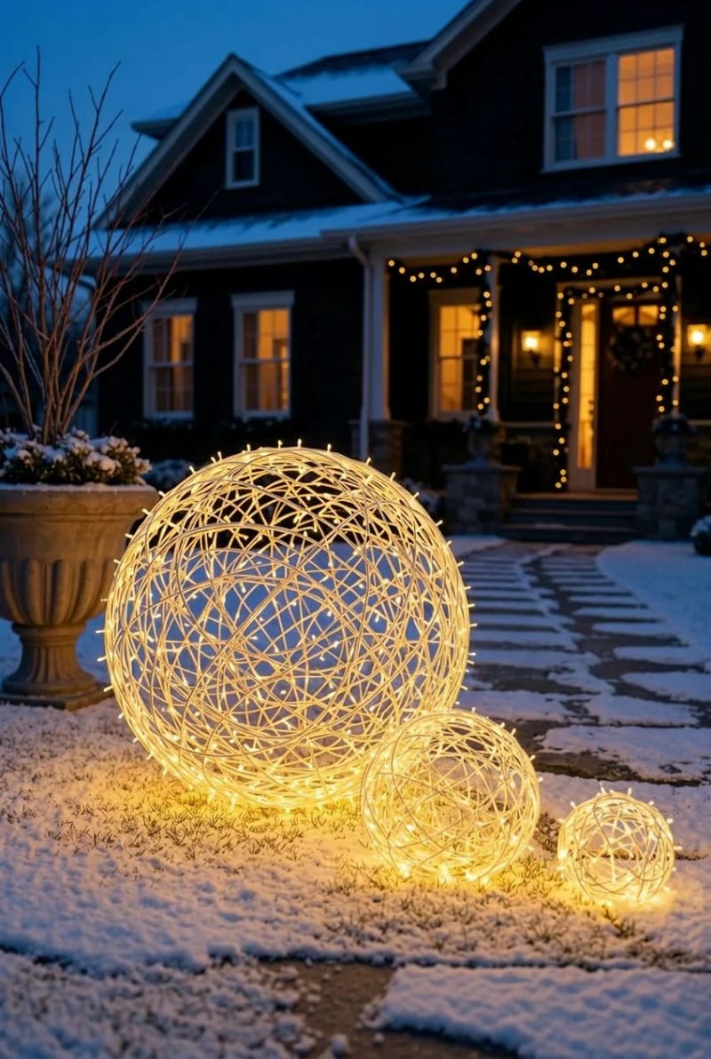 cluster lit spheres in the planters and on the lawn 1