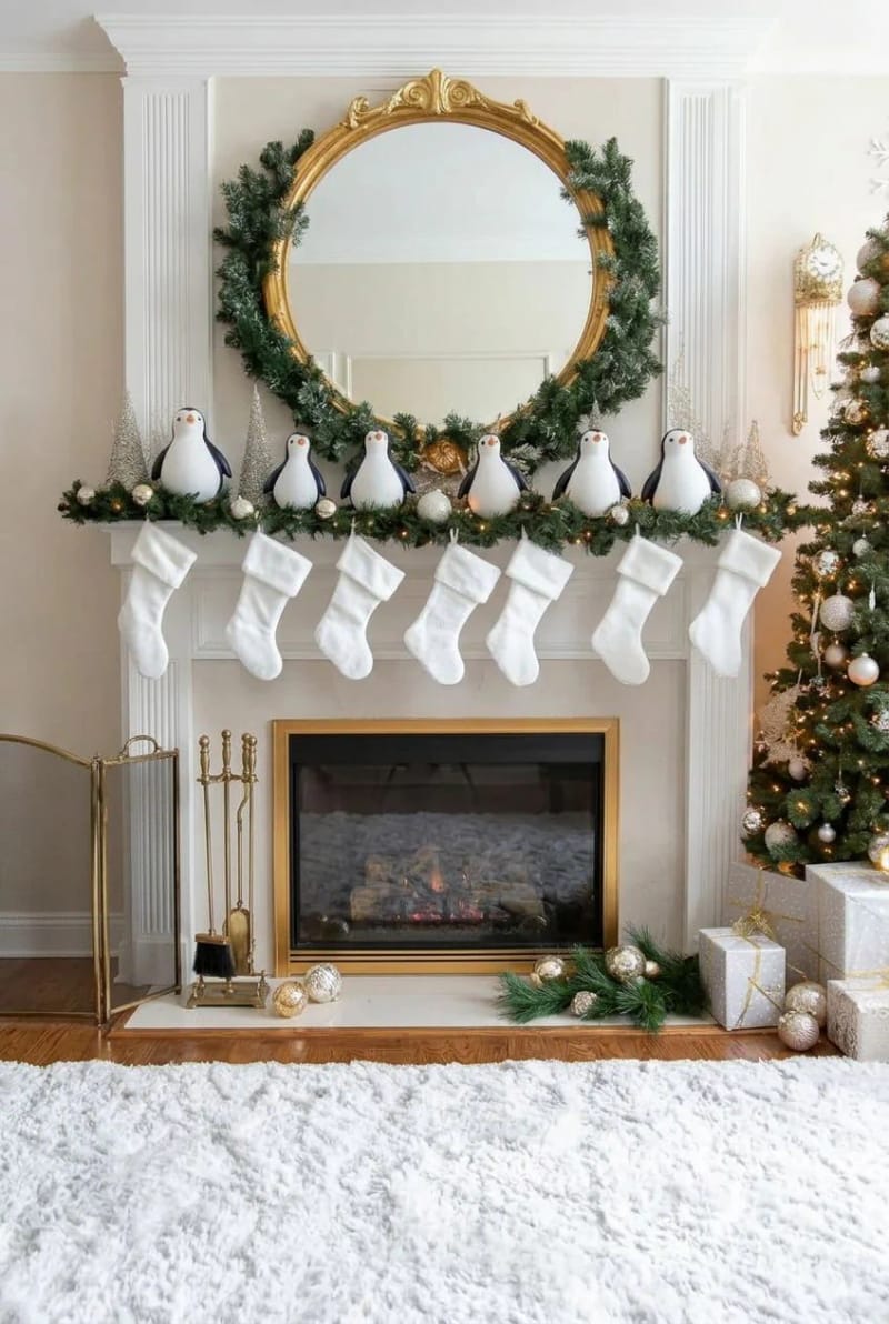 cluster penguin figurines on the mantel, and commit to one look 1
