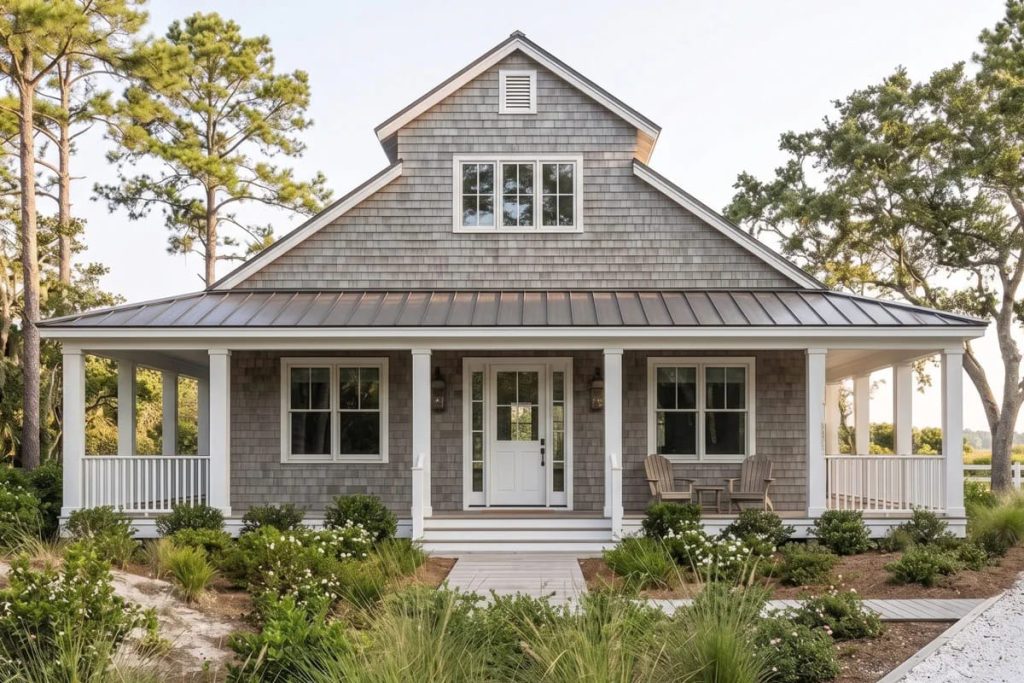 Lovely Harbor 44 Cottage-style home with gray shingles, white trim, metal roof, and wraparound porch
