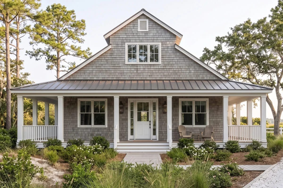 Cottage-style home with gray shingles, white trim, metal roof, and wraparound porch