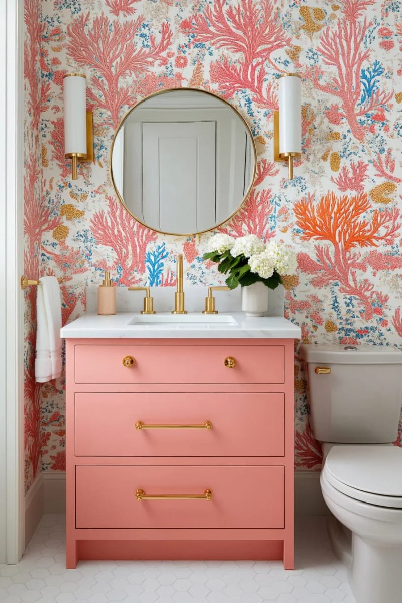 20 Pink Coastal Bathroom Ideas With a Breezy Finish 10 compact bathroom with coral reef wallpaper and gold-accented vanity. 1