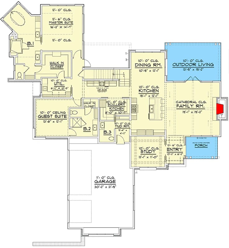 contemporary transitional 4 bedroom house plan with 3 car garage 1
