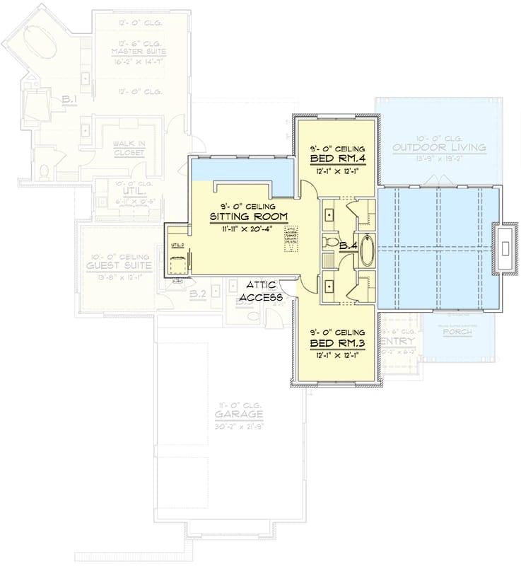 contemporary transitional 4 bedroom house plan with 3 car garage 1