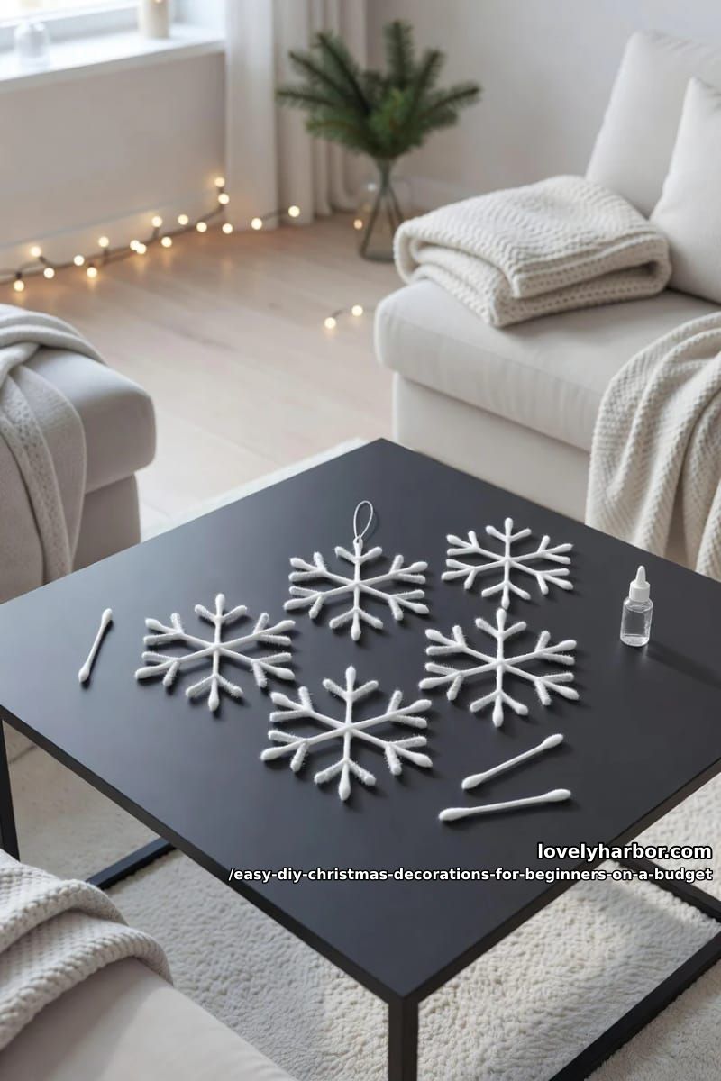 12 Easy DIY Christmas Decorations for Beginners on a Budget 7 cotton swab snowflakes, then hit them with silver spray 1