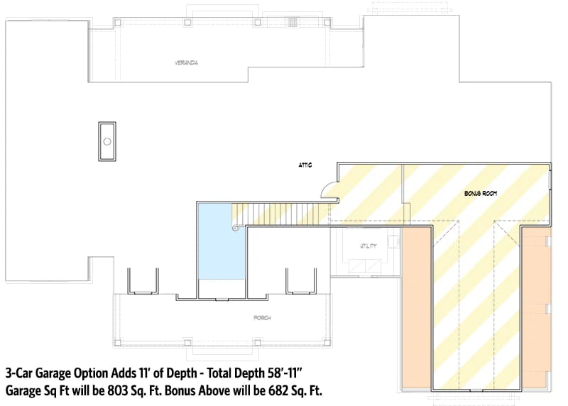 3-Bedroom Country Craftsman House Plan with a Loft Under a 12-in-12 Roof (2,510 Sq. Ft. Floor Plan) 3 Floor plan for a 3-bedroom country craftsman house with a loft, showing the attic, bonus room above the garage, veranda, porch, and utility area, illustrating the layout and optional garage expansion for the home plan with loft.