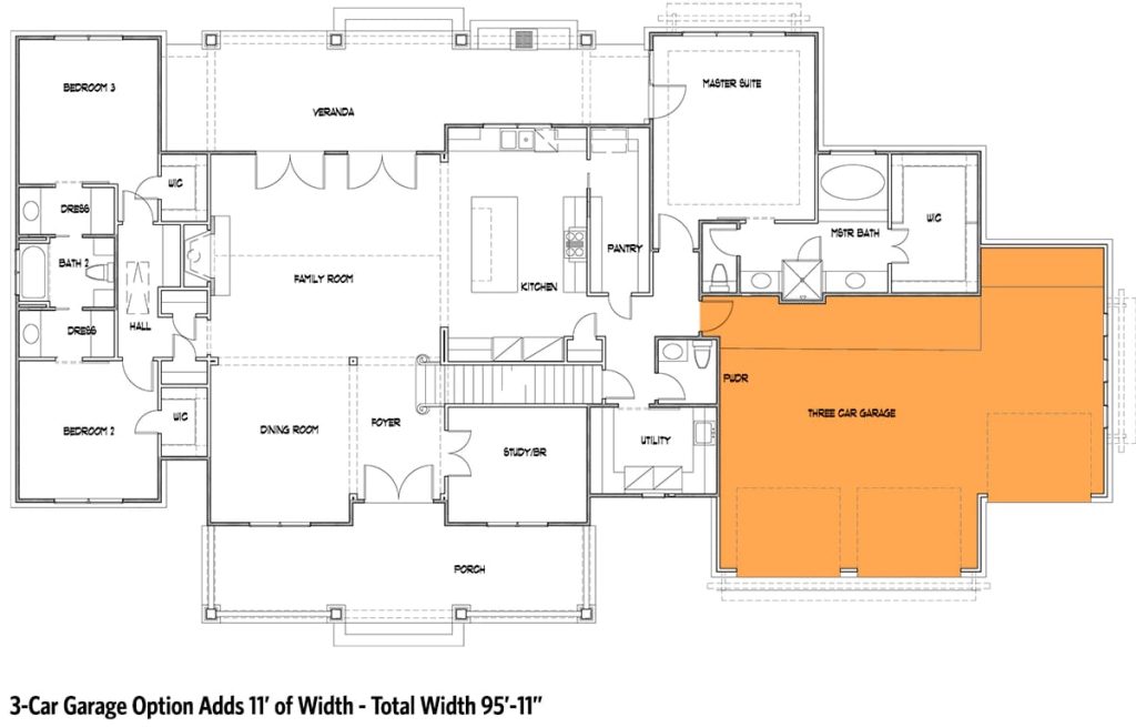 Floor plan for a 3-bedroom country craftsman house with a loft, showing labeled rooms including master suite, family room, kitchen, study, utility, and an optional three-car garage, designed under a 12-in-12 roof for the featured home plan.