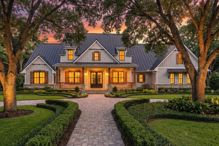 Modern farmhouse exterior with metal roof, board and batten siding, and inviting front porch at sunset
