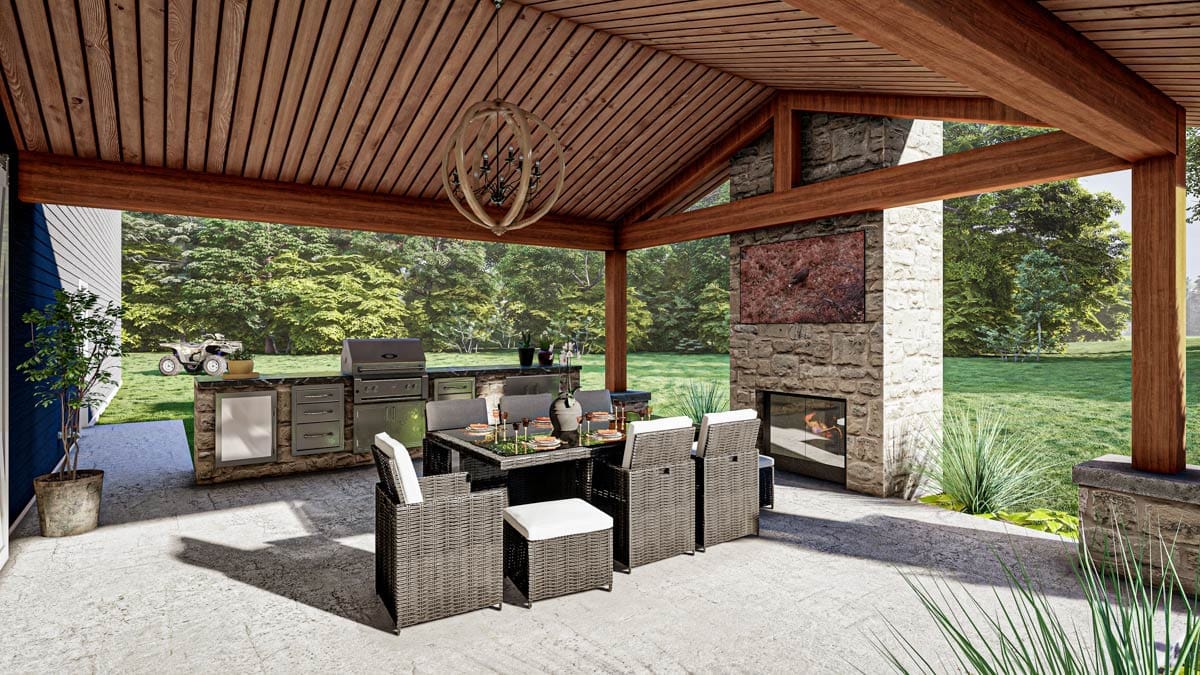 covered patio, outdoor fireplace, vaulted plank ceiling 1