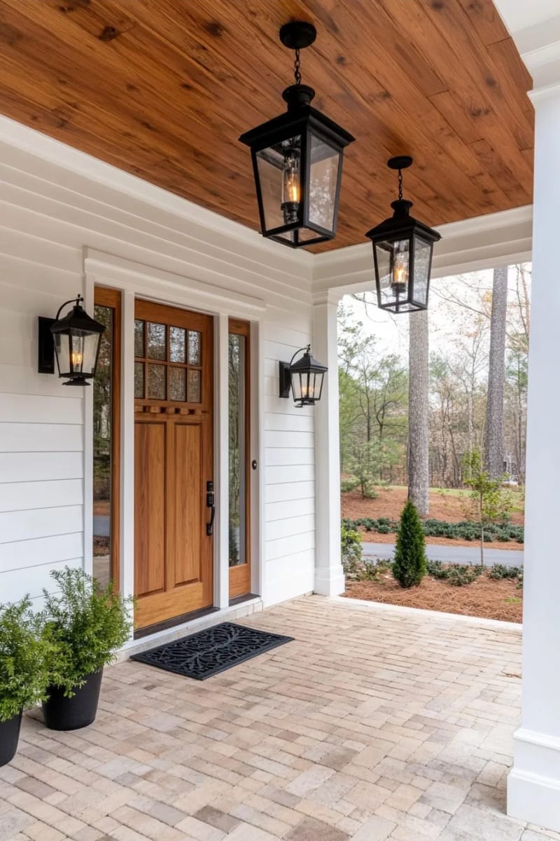 covered porch with wood ceiling, brick floor, and black metal light fixtures. 1