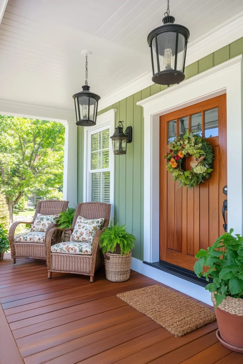 cozy farmhouse porch with wicker chairs, lantern pendants, and potted plants. 1