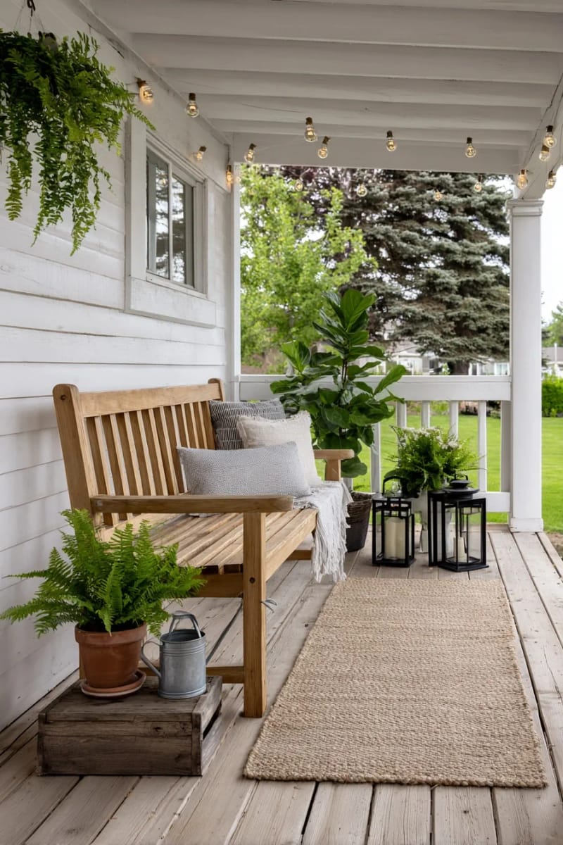cozy porch with wood bench, string lights, jute rug, and potted greenery. 1
