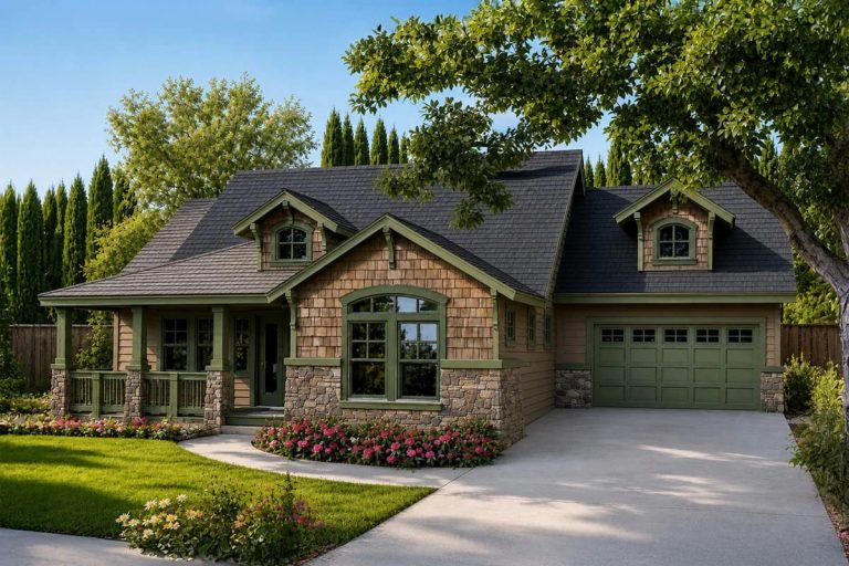 Craftsman-style home exterior with shingle siding, stone accents, green trim, and a covered front porch.