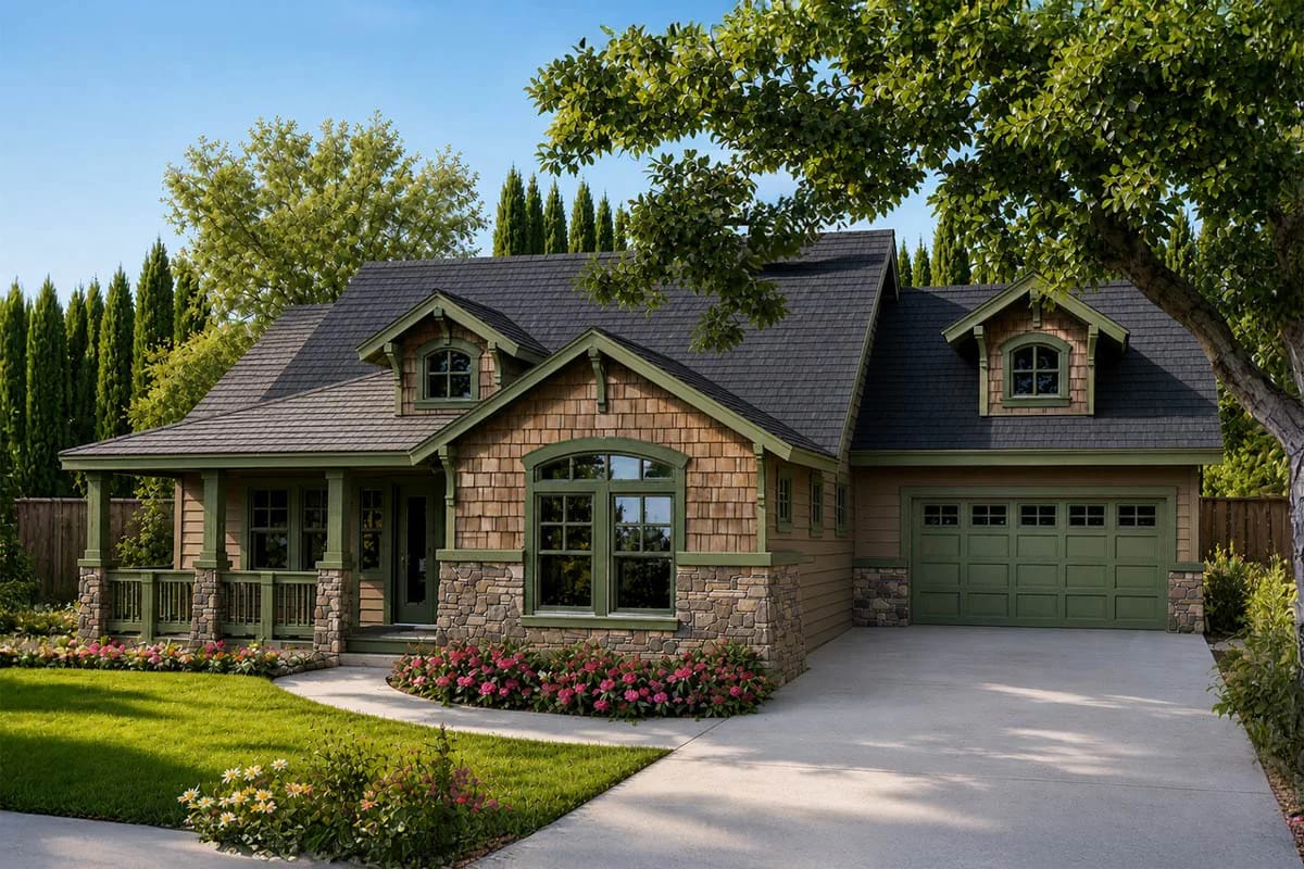 Craftsman-style home exterior with shingle siding, stone accents, green trim, and a covered front porch.