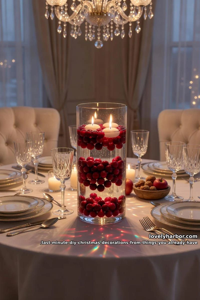 cranberries and water in a clear vase 1