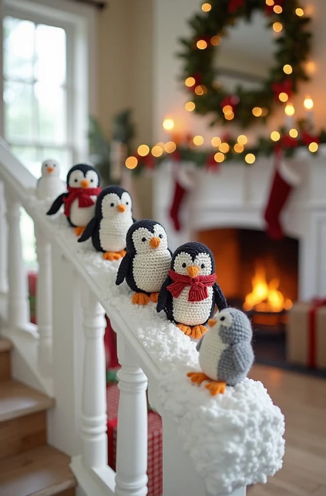 Sliding Penguins on the Banister: Christmas Staircase Ideas That Hold Up 18 crochet or felt your own penguins 1