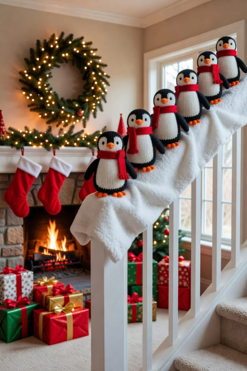 Sliding Penguins on the Banister: Christmas Staircase Ideas That Hold Up 20 crochet or felt your own penguins 1