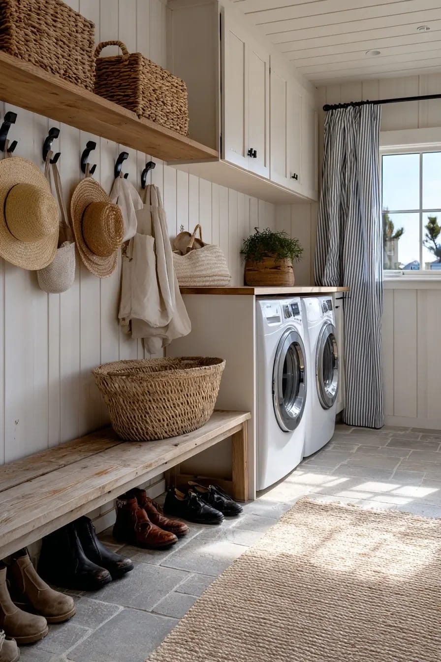 French Mudroom Ideas That Hold Up to Actual Mud 11 French-inspired mudroom featuring a washer and dryer partially hidden by a blue and white ticking stripe curtain, with woven baskets, hanging hats, boots on a wooden bench, and a bright window for natural light