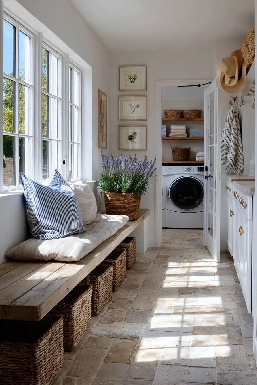 French Mudroom Ideas That Hold Up to Actual Mud 12 A bright French mudroom featuring a rustic wood bench with striped and neutral pillows, wicker storage baskets underneath, a potted lavender plant, and a view into a laundry area with open shelving, all designed for practical use with actual mud.