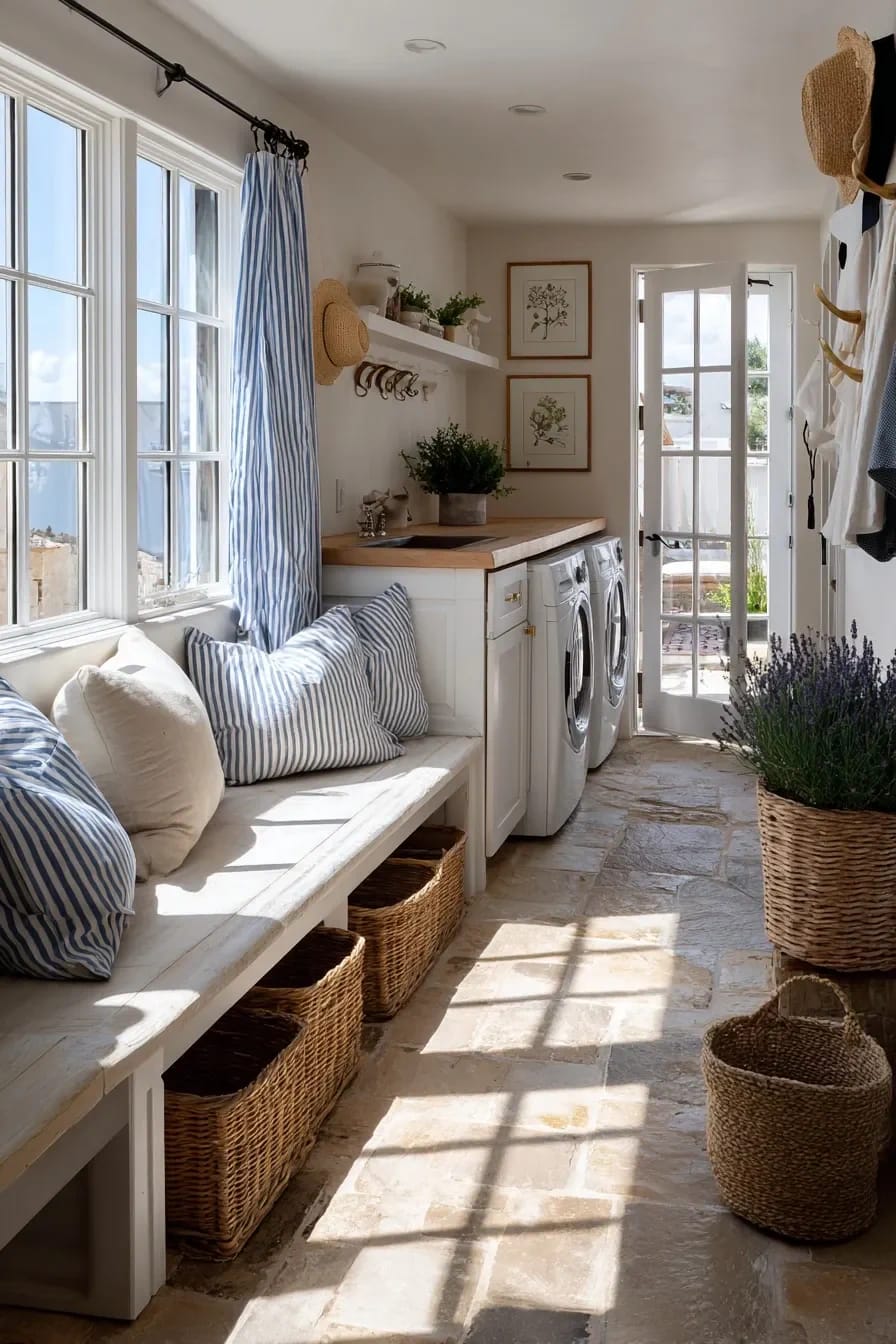 French Mudroom Ideas That Hold Up to Actual Mud 10 Bright French mudroom featuring a washer and dryer curtained with blue and white ticking stripe fabric, a wooden bench with striped pillows, woven storage baskets, stone tile flooring, and natural light from large windows.