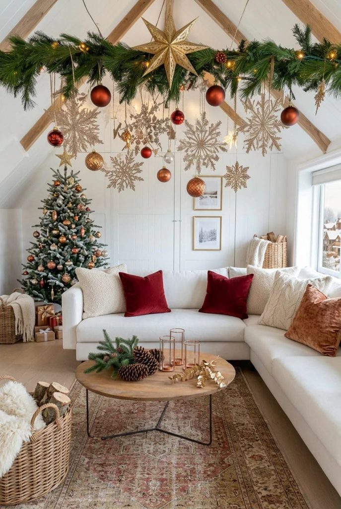 Living room featuring Christmas decor ideas without a fireplace, with the ceiling decorated as a focal point using hanging garlands, gold stars, ornaments, and snowflakes above a white sectional sofa, with a Christmas tree and wrapped gifts in the background.