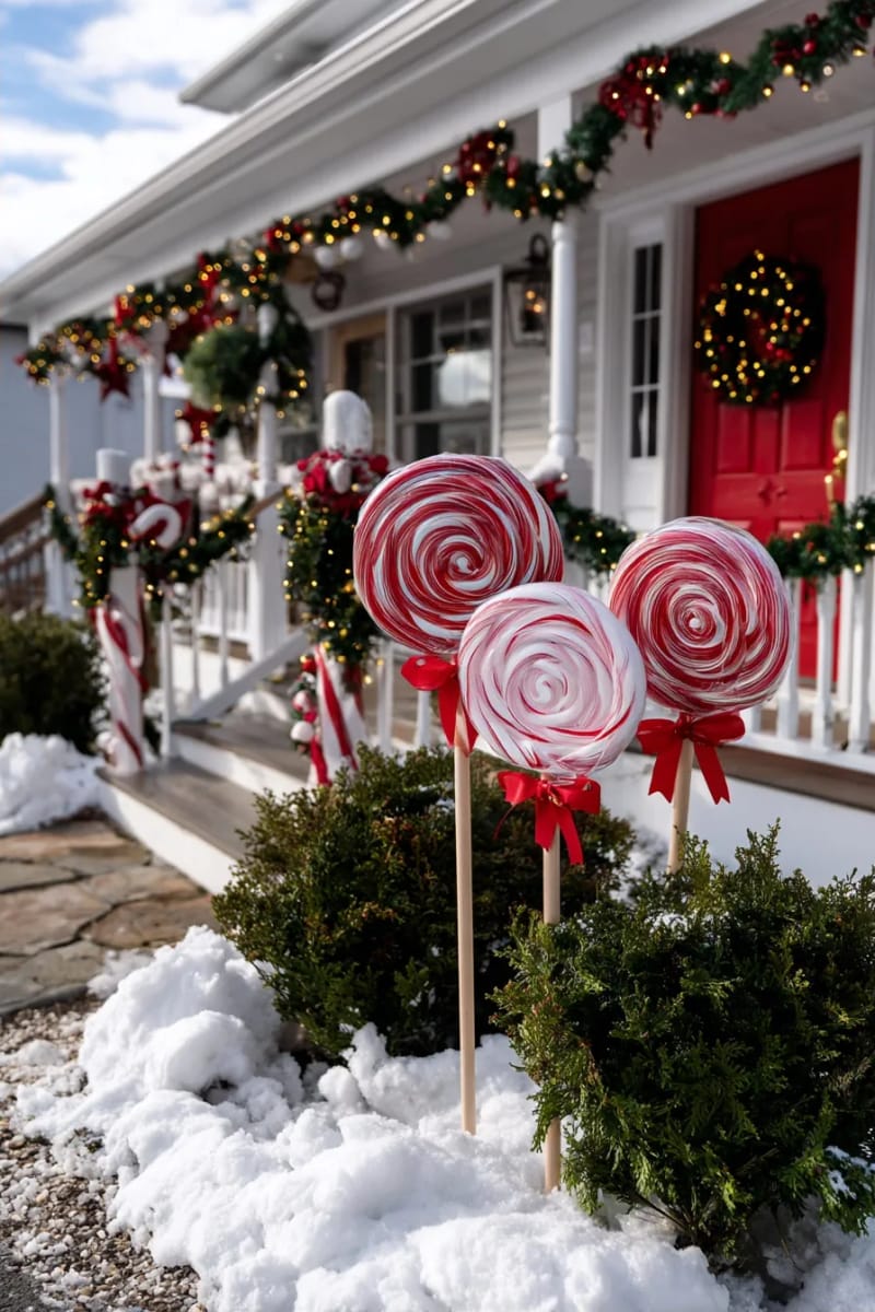 11 Whimsical Candy Cane Christmas Decorations Worth Doing Well 13 diy giant lollipop yard props 1
