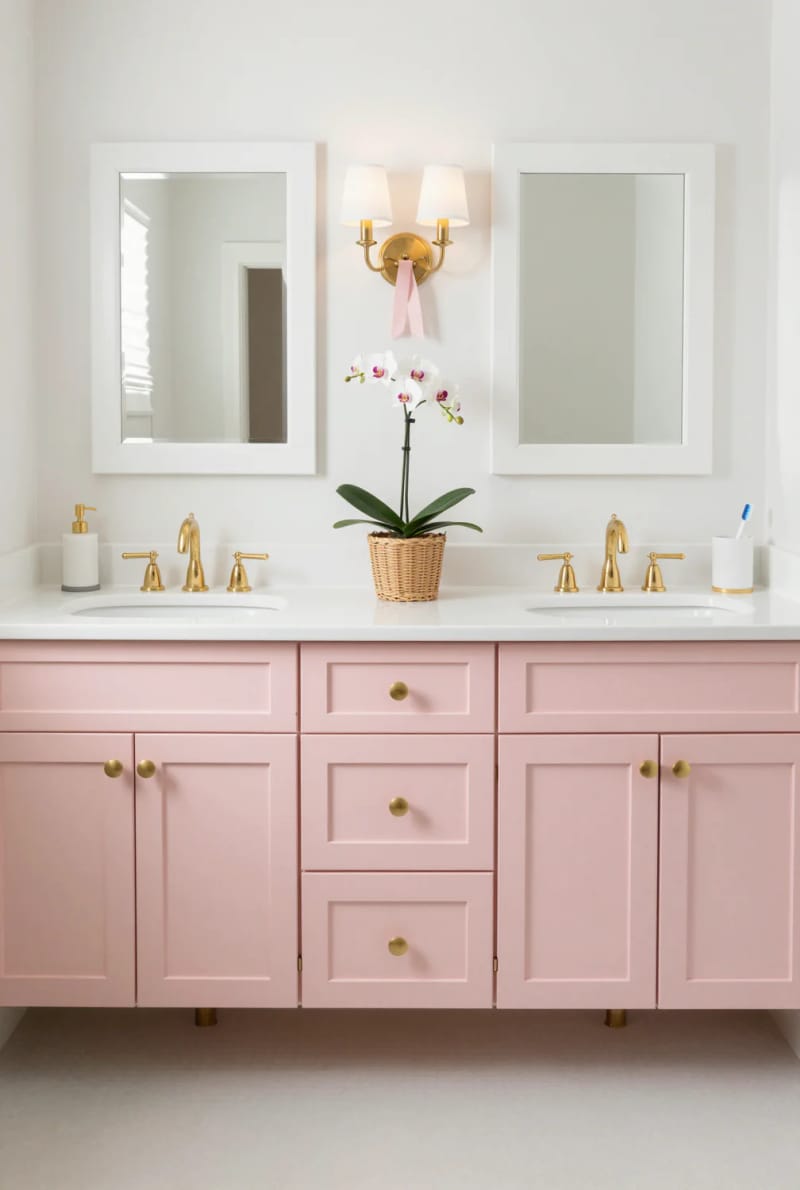 20 Pink Coastal Bathroom Ideas With a Breezy Finish 12 double sink vanity with pink cabinets, gold hardware, and scalloped edge. 1