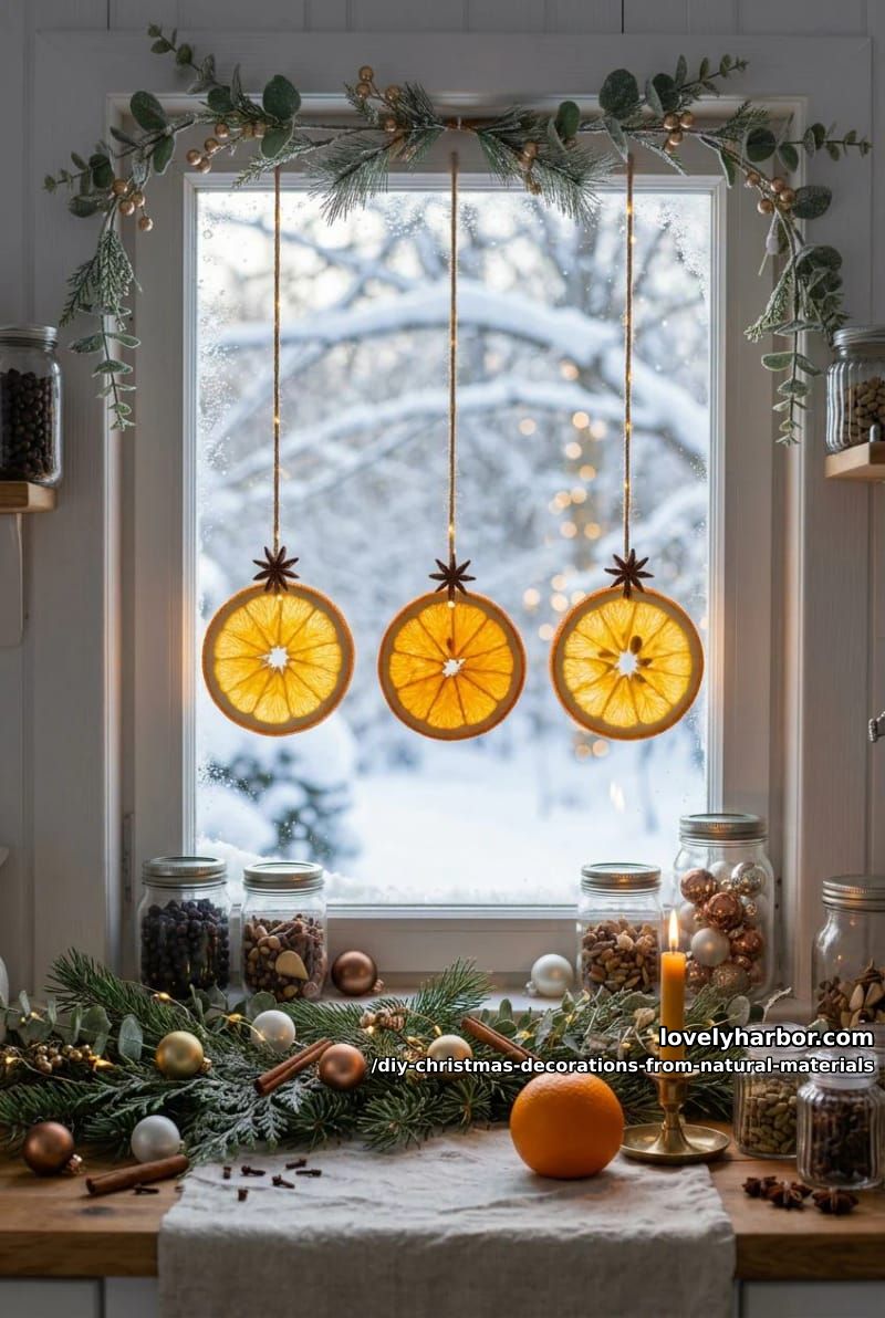 dried orange slice ornaments that glow in the window 1