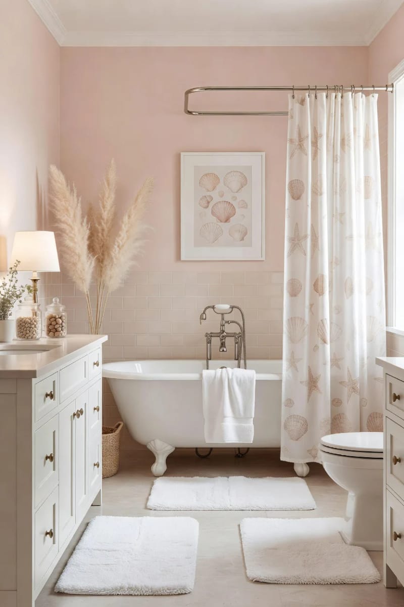 20 Pink Coastal Bathroom Ideas With a Breezy Finish 4 elegant pink-walled bathroom with clawfoot tub and pampas grass accents. 1