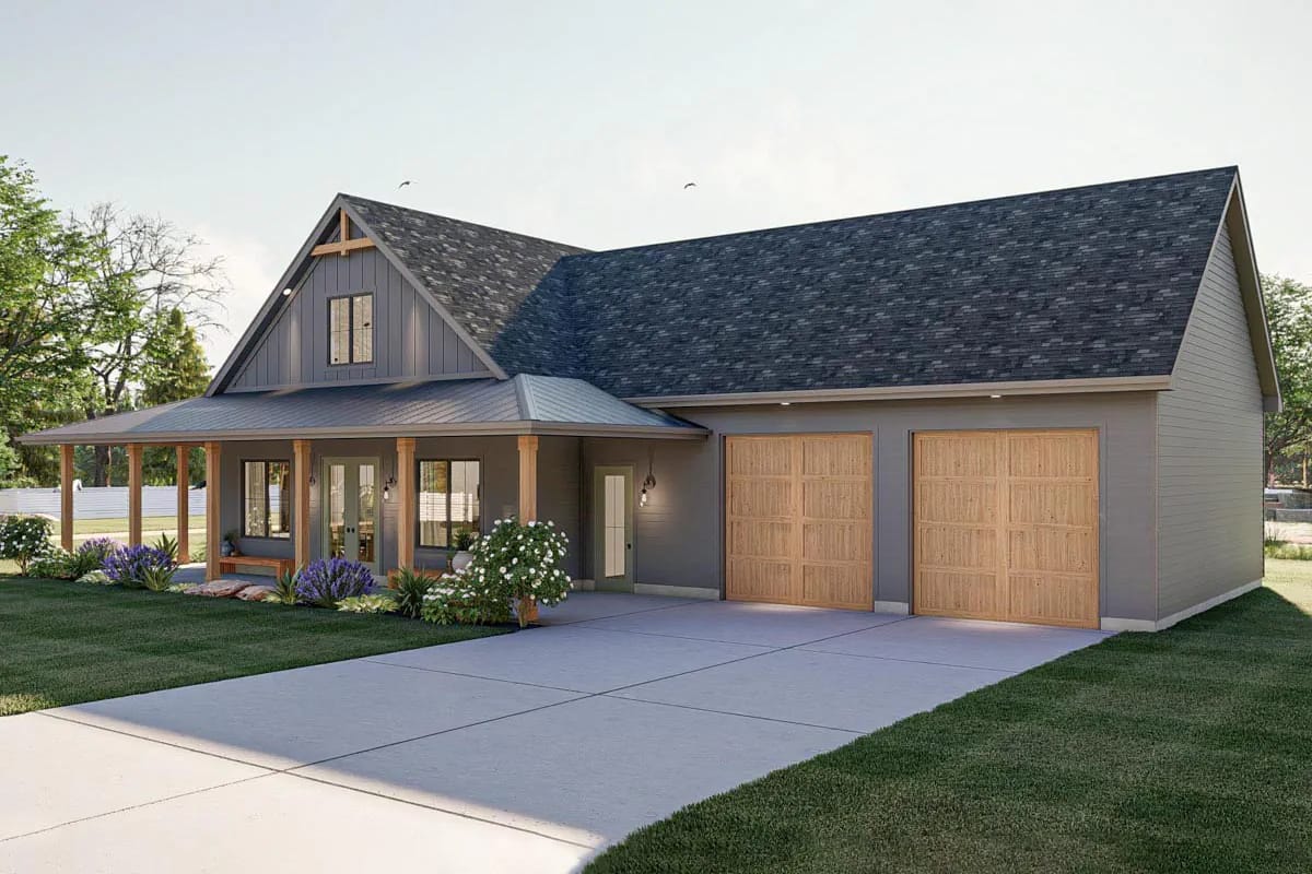 exteriors and the garage: one long, low building with a wide workshop bay 1