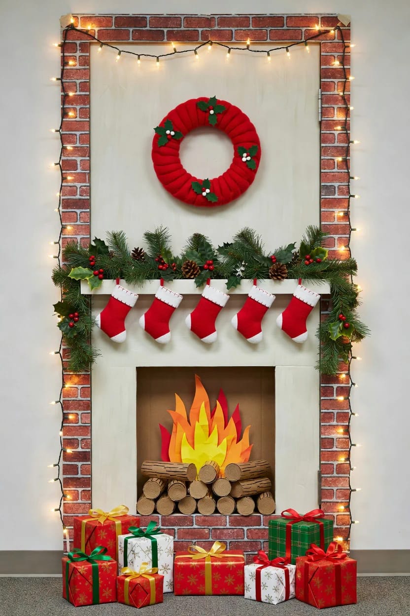 fake a cozy hearth, stockings and all, on a flat door 1